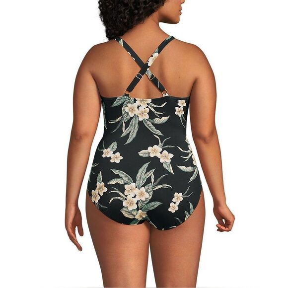 Land's End Plus slender suit pleated X back 1 piece swimsuit black floral Var - Picture 4 of 12